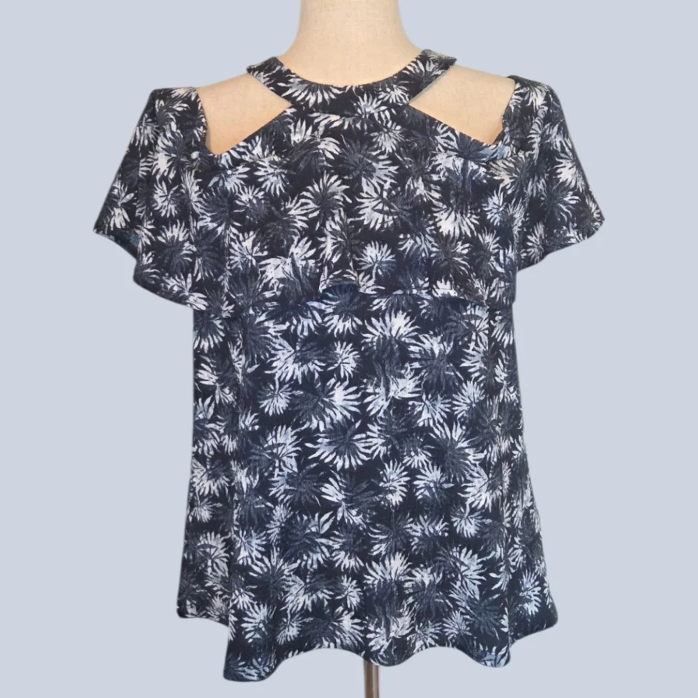 MICHAEL Michael Kors Blue White Floral Cold Shoulder Tunic Top L
